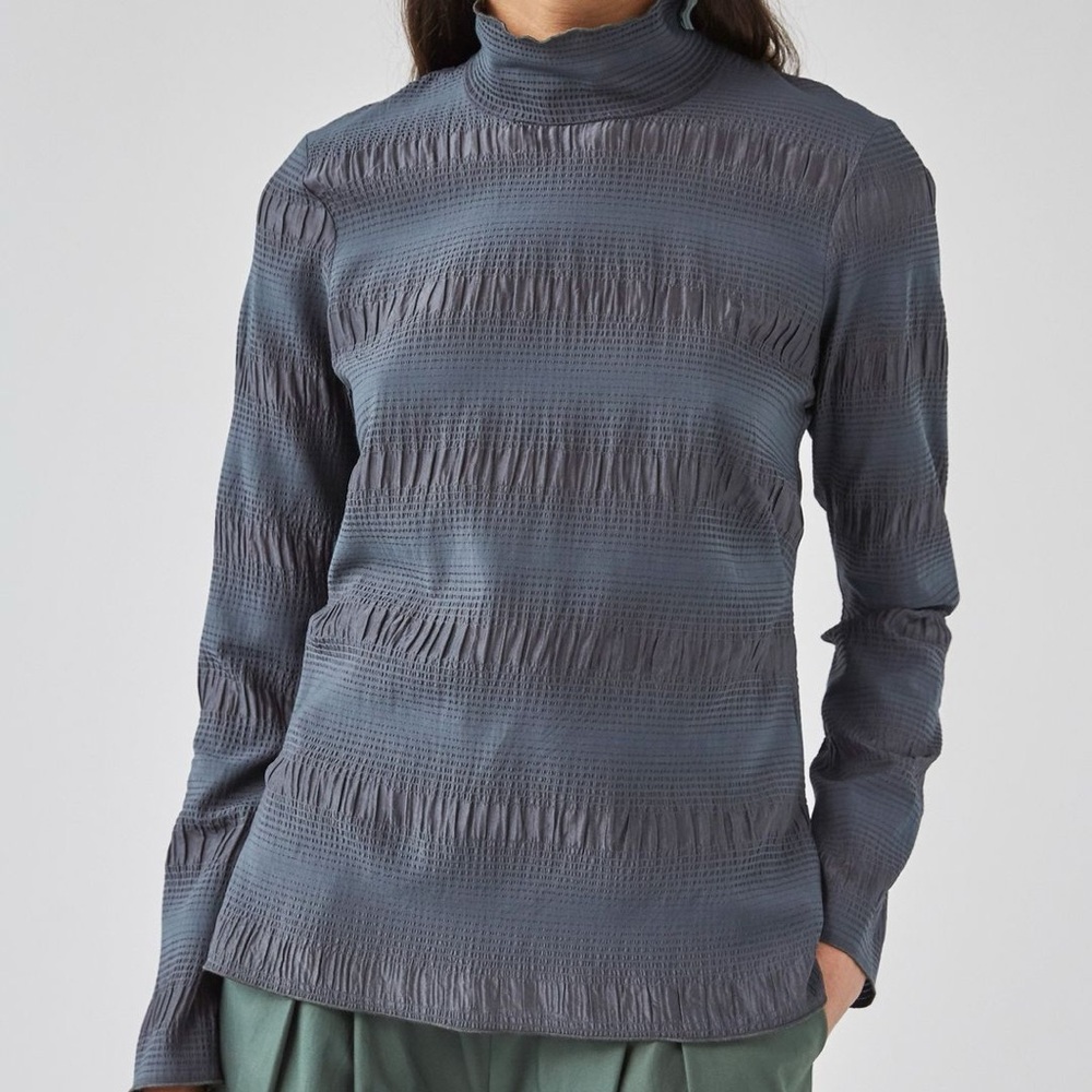 Rachel Comey Varda Top Charcoal Textured Mock Neck Long Sleeved Silk Linen Blend